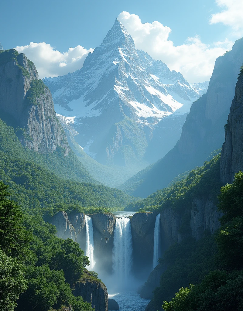 a majestic, awe-inspiring fantasy landscape, lush forests, towering mountains, cascading waterfalls, dramatic lighting, cinematic atmosphere, hyper detailed, photorealistic, incredibly sharp focus, stunning textures, vibrant colors, volumetric lighting, advanced rendering, breathtaking composition