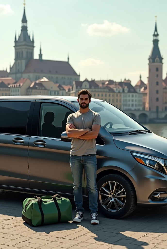 Create an image of a Mercedes Benz V-Class with tinted windows, Regensburg can be seen in the background.
Next to the Mercedes V-Class stands a young man with a beard and crossed arms. The man is wearing jeans and VANS sneakers. A large green duffel bag lies next to the man.
