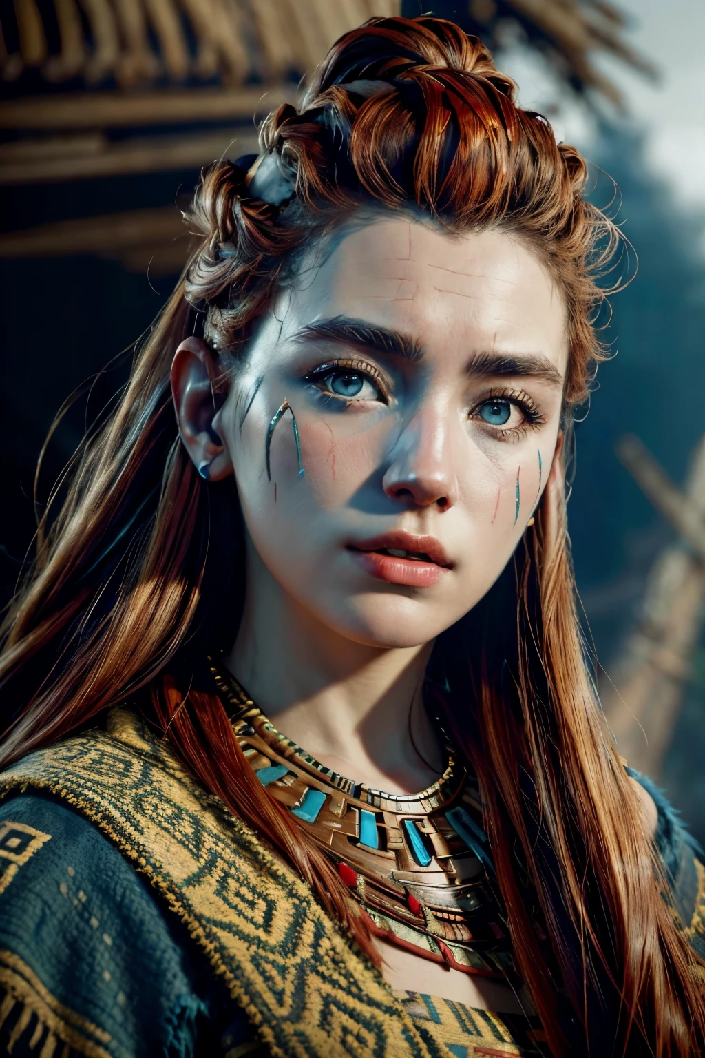 aloy, russet hair, blue colored eyes, tribal clothing, in ruins of an ancient civilization, high resolution, super detaill, 8k. Overview