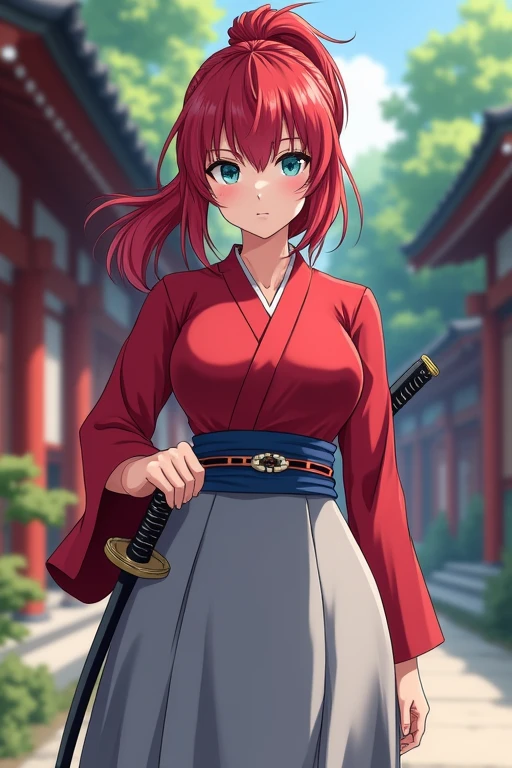 Anime Japanese female Shrine maiden Crimson hair Low ponytail Blue eyes One odachi sword on left hip Scarlet shirt Light grey skirt Large breasts Large buttocks