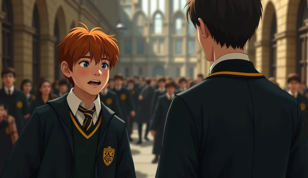 a short, red-haired Hufflepuff student at Hogwarts meets another male student in the hallway who looks worried.