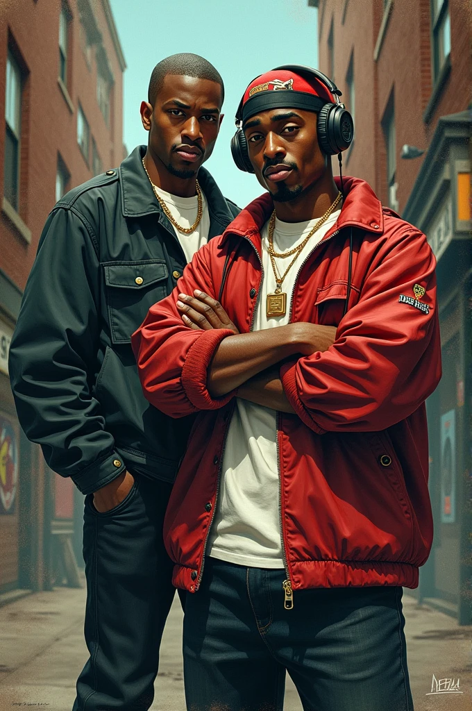 An 80s hip hop cover art with 2 pac dressing and the hood lifestyle and then holding vinyl records and having headphones on while a man at the front is holding a speaker while folding his arm and visibly frowning