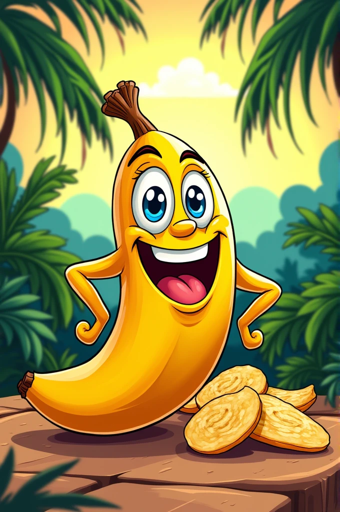 A comic advertising character as a logo for a plantain chips brand