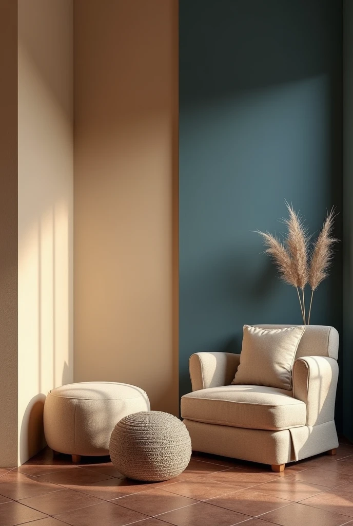 Can you make me a picture of a room with sand-colored walls and slate blue on the other side and chocolate-colored tile on the floor?