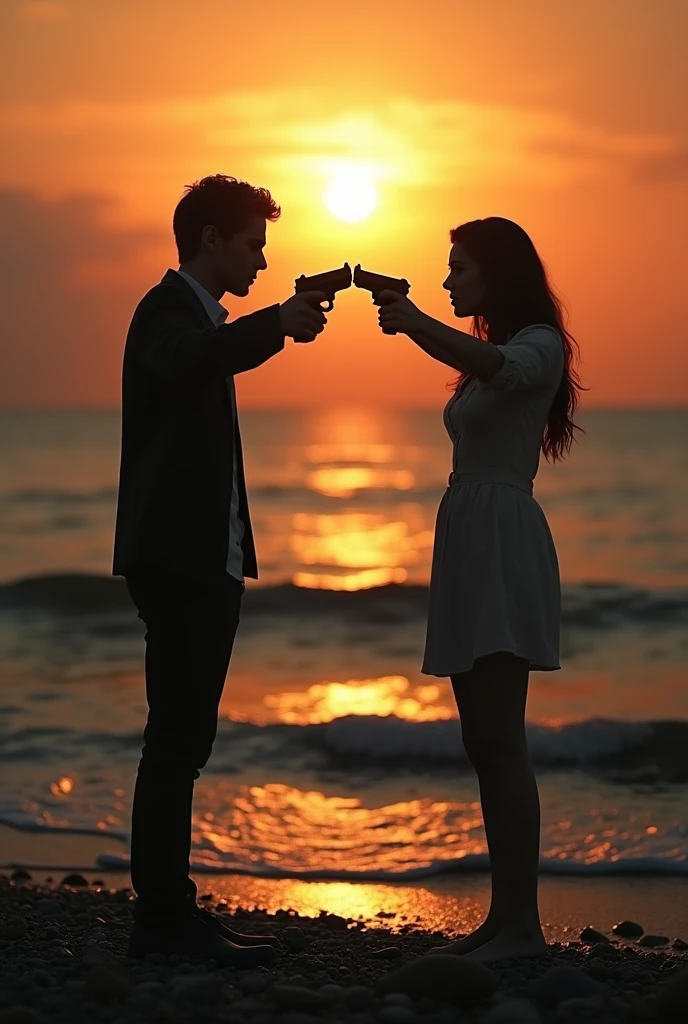 Shadow couple girl and boy shooting each others with guns cross hands dark aesthetic real sunset evening shore young
