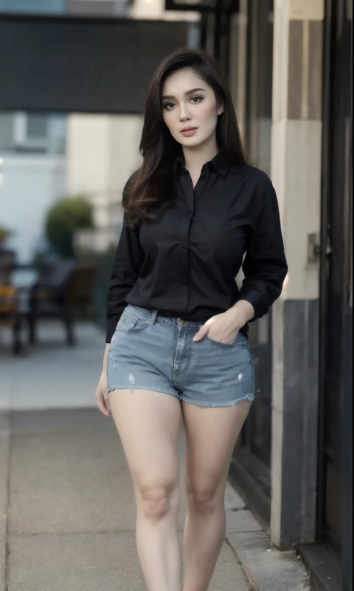 1girl,solo,medium breasts,(full body), (casual shirt:1.3),
black hair, best quality,masterpiece,illustration,an extremely delicate and beautiful,CG,unity,8k wallpaper,Amazing,finely detail,masterpiece,official art,extremely detailed CG unity 8k wallpaper,incredibly absurdres,huge filesize,ultra-detailed,highres,extremely detailed,beautiful detailed,
(looking at viewer), denim shorts, black shirt
