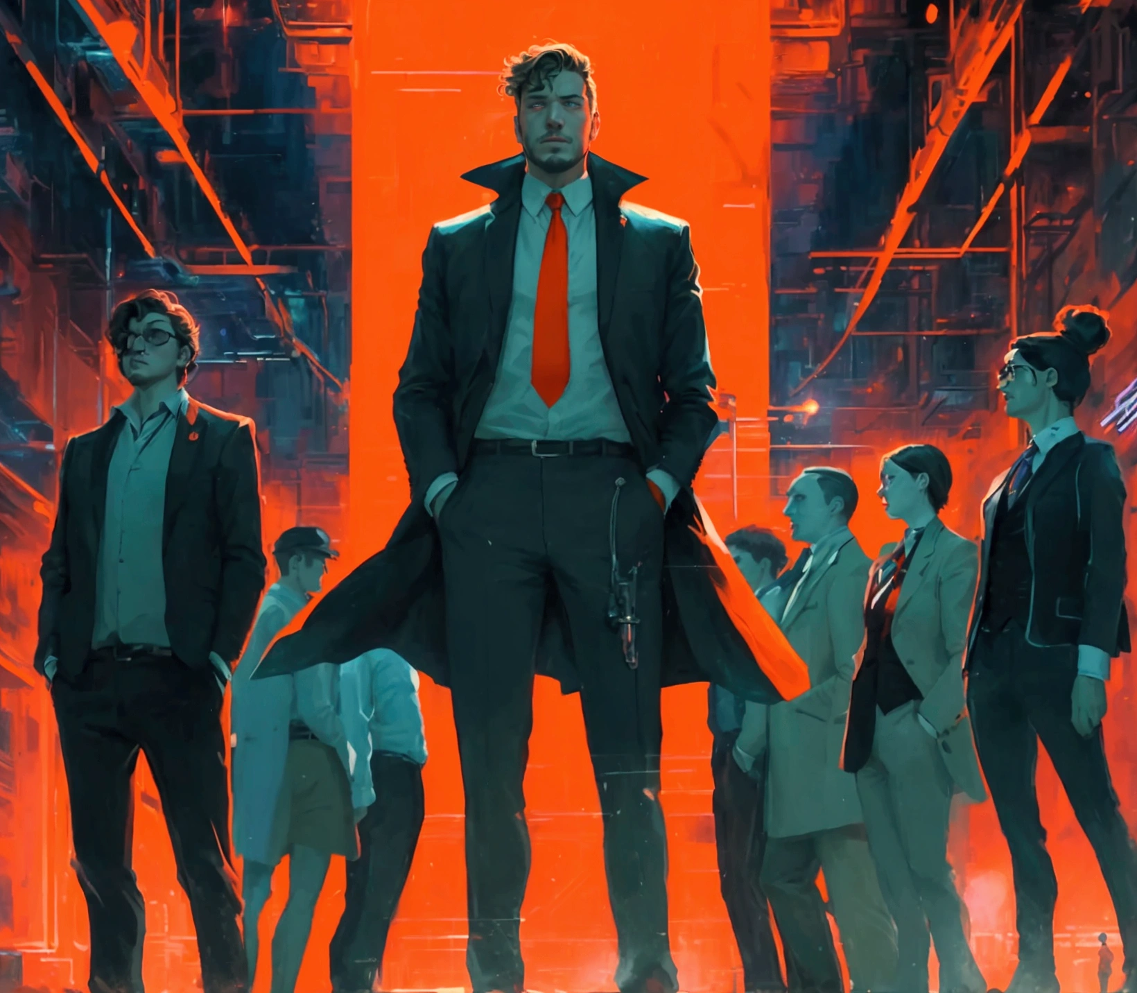 a man with a red tie standing in front of a group of people, estilo and mumford e alex gray, Lighting, in the style dan mumford artwork, in the artistic style of Dan Mumford, the encrypted metaverse, technocracy, they reach their minds, visionary, enlightening, predicting the future, corporate boss