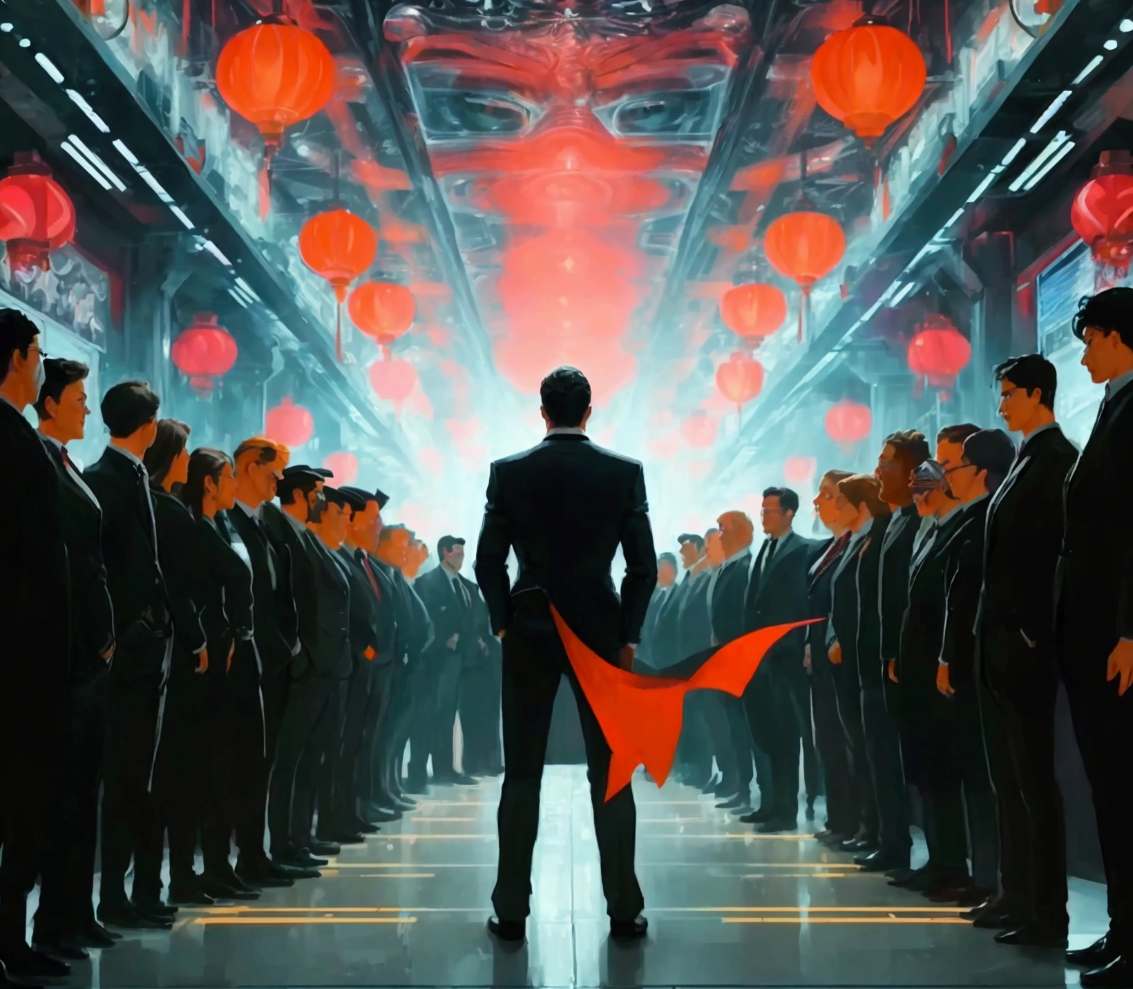 a man with a red tie standing in front of a group of people, estilo and mumford e alex gray, Lighting, in the style dan mumford artwork, in the artistic style of Dan Mumford, the encrypted metaverse, technocracy, they reach their minds, visionary, enlightening, predicting the future, corporate boss