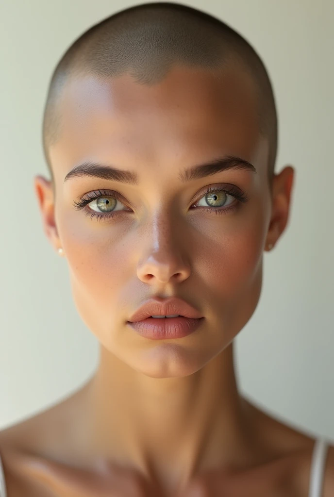 photorealism, hot bald woman, pinterest woman, 4k, ultra realistic, skin texture, pores, photorealistic, model, hyper realistic, RAW photo, photography, gorgeous, summer raine, face close up, in focus, staring straight forward