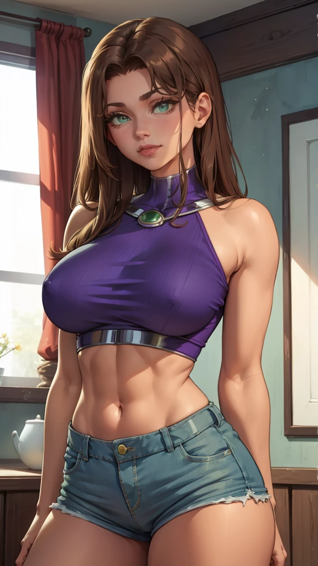 masterpiece, best quality, 1girl, solo, ass, nice ass, front view, standing, warm lighting, smug, gigantic breasts, breast focus, boob window, bare breasts, ((arms behind back)), Detailed face, Detailed green eyes, Detailed face, green eyes, perfect eyes, perfect face, nude, starfire, voluptous, sensual body femele, flexing, tanned, tanned skin, front view, looking at viewer, denim shorts, crop top, brown hair, indoors, inside fancy room, red wallpaper, smug face, smug grin, smug expression, arms behind back