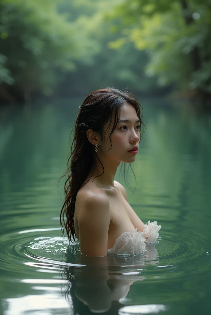 nsfw、Cute naked Japanese women、In the clear water of the river、From a big rock、The moment to dive in、The genitals are covered with pubic hair and cannot be seen.、