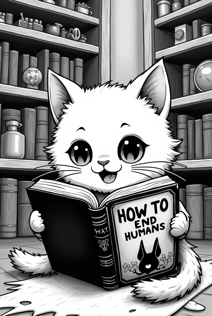 illustration of a kitten reading a book written how to end humans (comic book ink style:1.2)