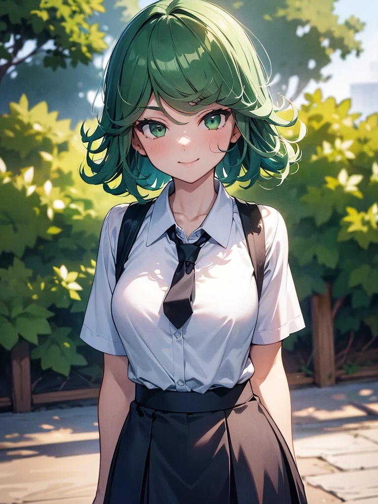 (high res, 8K, masterpiece, looking at viewer, best quality, very aesthetic, ultra detailed, ultra background, ultra Eyes) intricate details, 1girl, Tatsumaki, short sleeved white shirt, Gray short skirt, Pockets on the left chest, Gray tie, green short hair, green eyes, Smile Face, Background Outside the giraffe enclosure, Zoo, Cinematic Angle