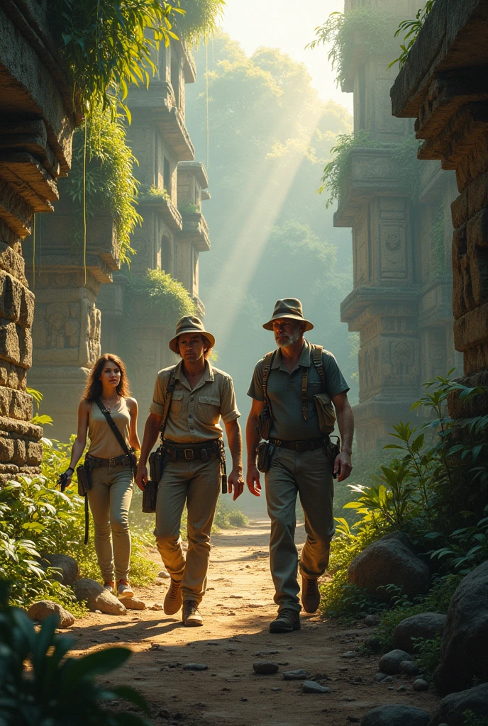 Create a back cover with three archaeologists, a woman and two lost city that doesn't look so exaggerated