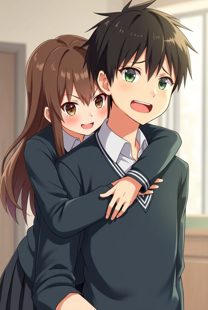- a man and a girl, the girl hug him from behind with wrapping her arms around his neck ( she's smirking ) while the man looks like he wants to escape from her
- both of them are wearing boarding school uniform
- the girl is brown hair and brown eyes while the man is black hair and green eyes
- there's a sense of comedy