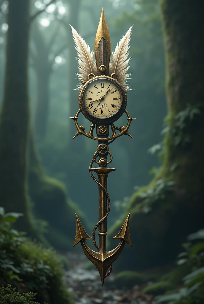 An arrow with feathers and the body of which is made up of a pocket watch, a compass and the anchor is the tip
 
