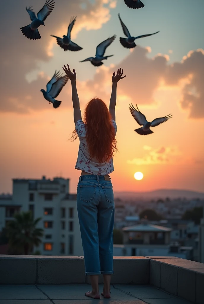 Une belle fille, les cheveux comme le feu, portant un jean et une chemise d'été décorée de fleurs, les pieds nus, debout sur le toit, une lumière tamisée, après le coucher du soleil, des maisons lointaines, des fenêtres éclairées, libérant de la cage un troupeau de pigeons dans le ciel, levant les mains au ciel, là Amour et Liberté, un émouvant spectacle de liberté