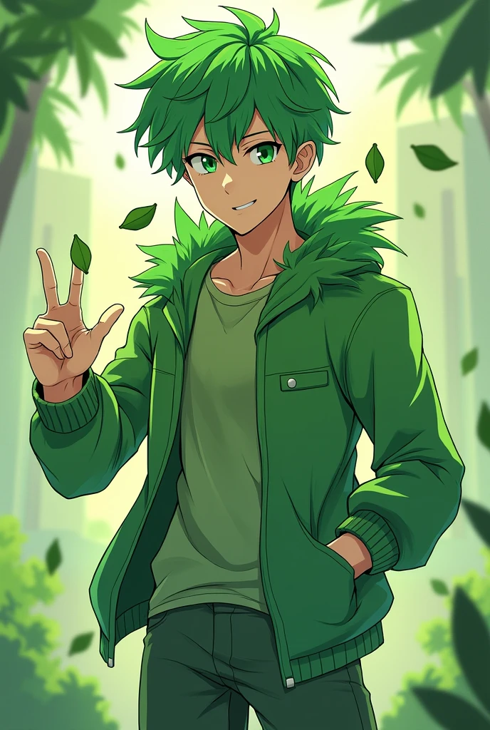 Create an anime character with leaf powers for icon on discord,a male character who has green hair and green eyes, but wear normal clothes but green