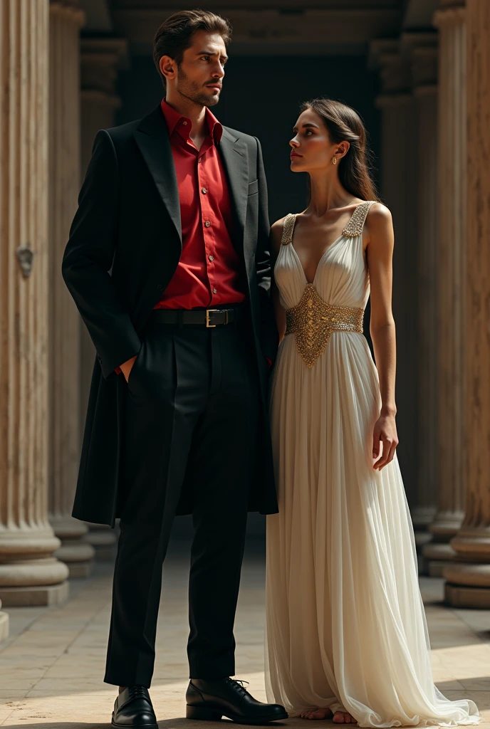 Male model wearing a black overcoat, red dress shirt and dress pants imitating a statue, a woman wearing a white dress with gold details in a Greek temple, Dark environment 
