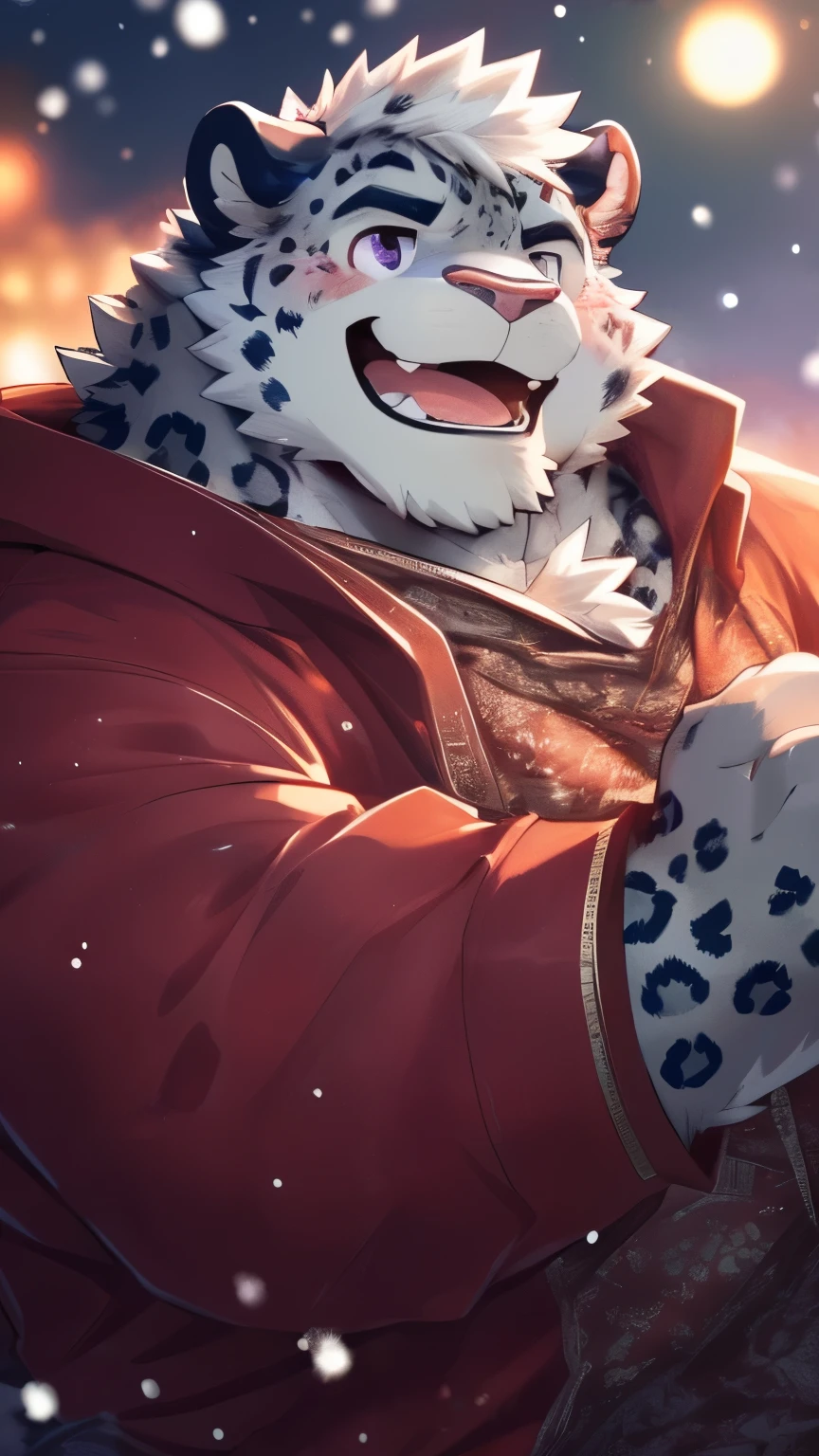 human nature, wild animals, male, 28 years old，youth，solitary, ((Round Face, The face is plump, Purple Eyes, Thick white hair，Scars)), ((Endomorph, Handsome，Hot Blood)), （Mecha suit，no electricity，exhausted), ((domestic snow leopard, Snow leopard orcs) Fluffy fur, Fluffy, grayish purple spots), (snow leopard print), Bokeh, (high quality, high resolution, masterpiece), (Dynamic Lighting, Vibrant colors), (happy，laughing out loud，blush), Detailed teeth, Full body pictures (Vision), cartoon, author：Takemoto Arashi, From Zixiong, author：Chunni, author：Ethereal，（background：Rainforest）