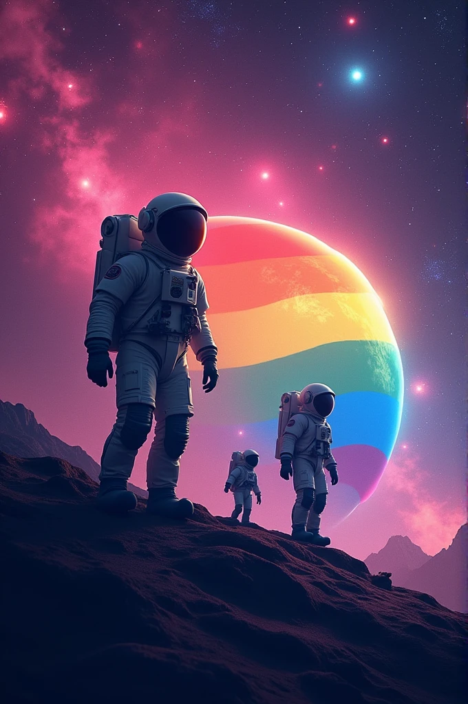 create image: Create a galaxy with the colors of the bisexual flag and that also contains astronauts and aliens