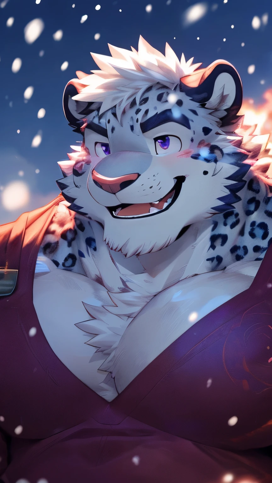 human nature, wild animals, male, 28 years old，youth，solitary, ((Round Face, The face is plump, Purple Eyes, Thick white hair，Scars)), ((Endomorph, Handsome，Hot Blood)), （Mecha suit，no electricity，exhausted), ((domestic snow leopard, Snow leopard orcs) Fluffy fur, Fluffy, grayish purple spots), (snow leopard print), Bokeh, (high quality, high resolution, masterpiece), (Dynamic Lighting, Vibrant colors), (happy，laughing out loud，blush), Detailed teeth, Full body pictures (Vision), cartoon, author：Takemoto Arashi, From Zixiong, author：Chunni, author：Ethereal，（background：Rainforest）