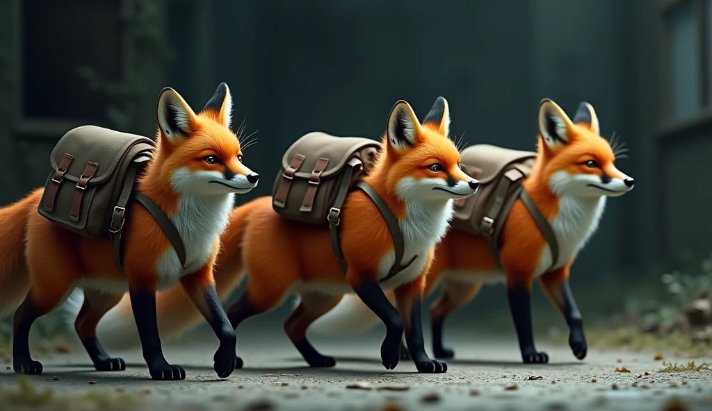 SEVERAL FOXES MOVING FORWARD OUT OF THE DARKNESS WITH BACKPACKS ON THEIR BACKS AFTER A SAD MOMENT, Resumption
