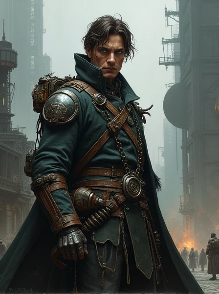 Rough Napoleonic Veteran. Dark Brown hair. messy haircut. blue eyes. Fancy but dirty Uniform. Cybernetics. Dieselpunk. Dark Sci-fi. Warhammer 40k. Gothic aesthetics. baroque Oil painting