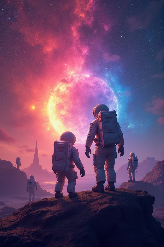 create image: Create a galaxy with the colors of the bisexual flag and that also contains astronauts and aliens
