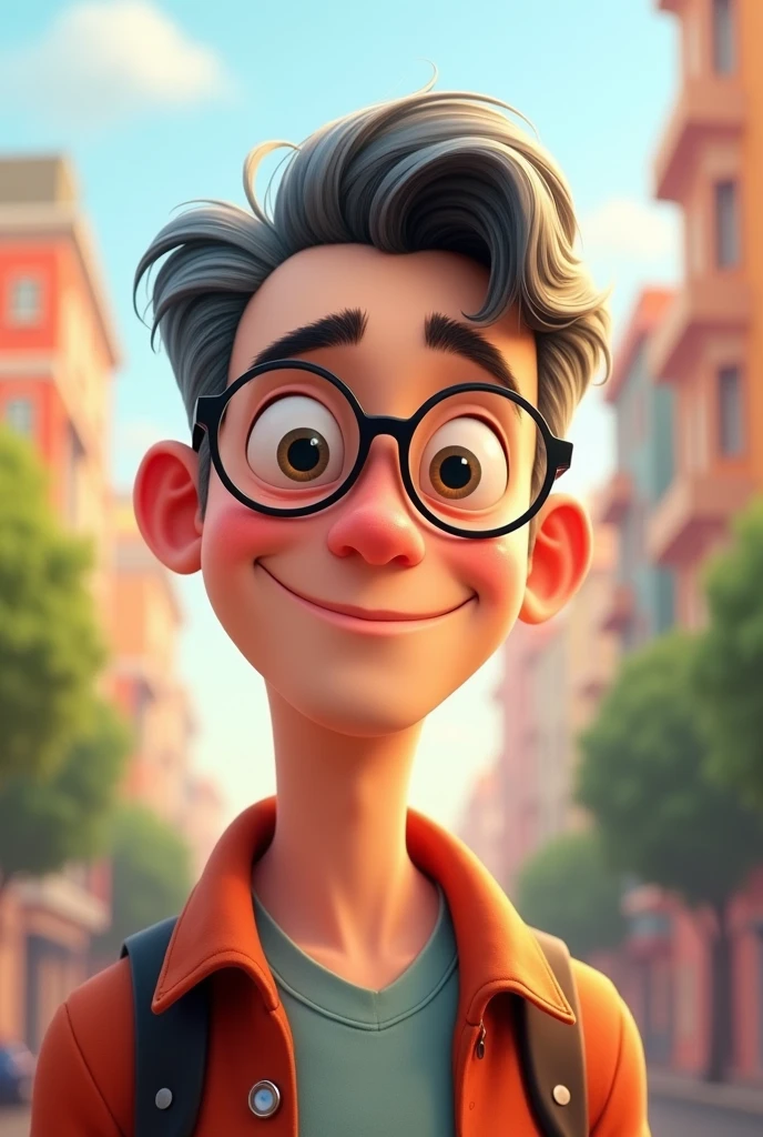Pixar style image of young man with short gray hair, and glasses
