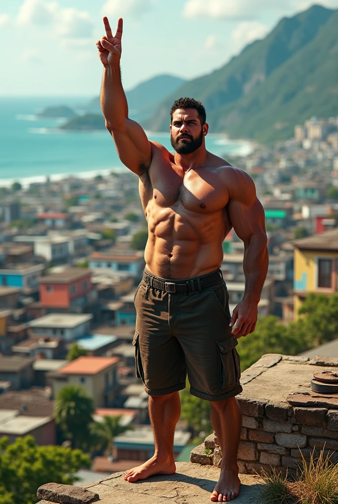 A strong white guy on top of a coastal favela with his left arm doing the cinbolo all two with his fingers 