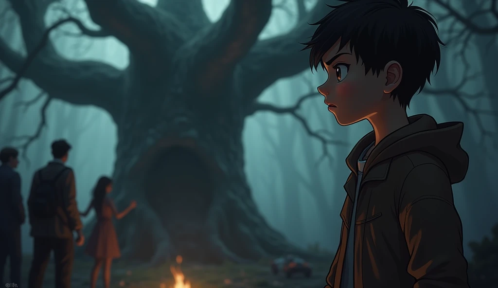 Jooli with a skeptical look, listening to others talk about the haunted tree.
