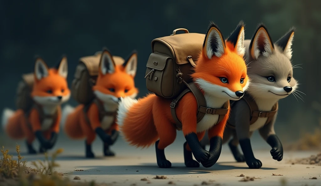 SEVERAL FOXES MOVING FORWARD OUT OF THE DARKNESS WITH BACKPACKS ON THEIR BACKS AFTER A SAD MOMENT, Resumption
