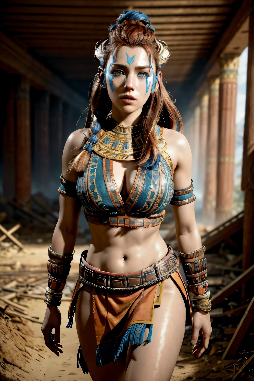 aloy full body, russet hair, blue colored eyes, tribal clothing, in ruins of an ancient civilization, high resolution, super detaill, 8k. Overview