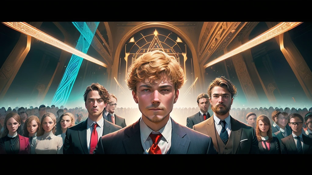 a man with a red tie standing in front of a group of people, estilo and mumford e alex gray, Lighting, in the style dan mumford artwork, in the artistic style of Dan Mumford, the encrypted metaverse, technocracy, they reach their minds, visionary, enlightening, predicting the future, corporate boss, but keep the style and model of the initial image