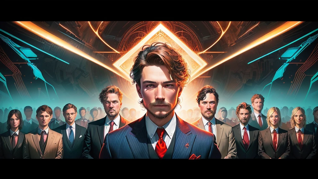 a man with a red tie standing in front of a group of people, estilo and mumford e alex gray, Lighting, in the style dan mumford artwork, in the artistic style of Dan Mumford, the encrypted metaverse, technocracy, they reach their minds, visionary, enlightening, predicting the future, corporate boss, but keep the style and model of the initial image