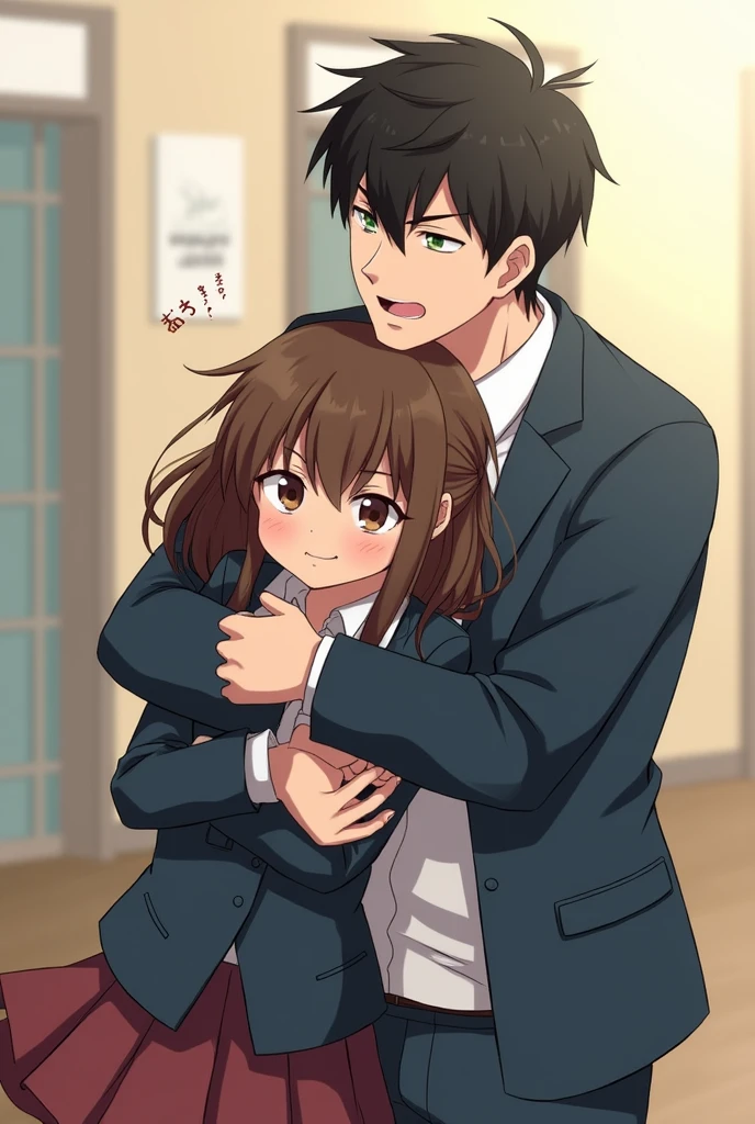 - a man and a girl, the girl hug him from behind with wrapping her arms around his neck ( she's smirking ) while the man looks like he wants to escape from her
- both of them are wearing boarding school uniform
- the girl is brown hair and brown eyes while the man is black hair and green eyes
- there's a sense of comedy