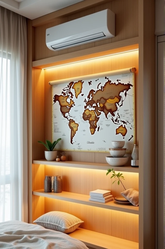  Create a small wall next to a window with white curtains. The wall is covered with MDF blond freijó, on top an air conditioner, in the middle a world map and below the world map 3 shelves with lighting. 