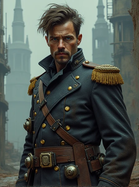 Rough Napoleonic Veteran. Dark Brown hair. messy haircut. blue eyes. Fancy but dirty Uniform. Cybernetics. Dieselpunk. Dark Sci-fi. Warhammer 40k. Gothic aesthetics. baroque Oil painting