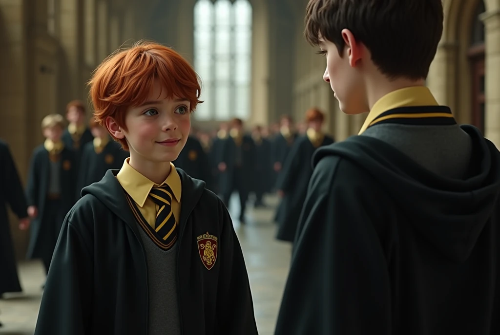 a short, red-haired Hufflepuff student at Hogwarts meets another male student in the hallway who looks worried.