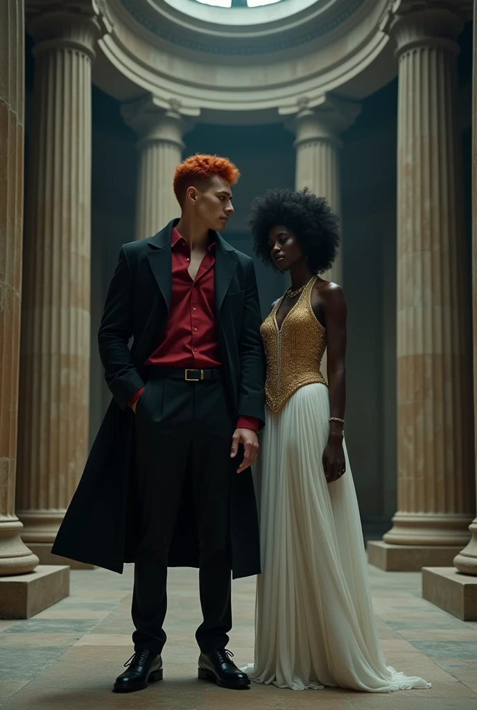 Red-haired male model wearing a black overcoat, red dress shirt and dress pants imitating a statue, a black woman with black Power hair wearing a white dress with gold details in a Greek temple, Dark environment