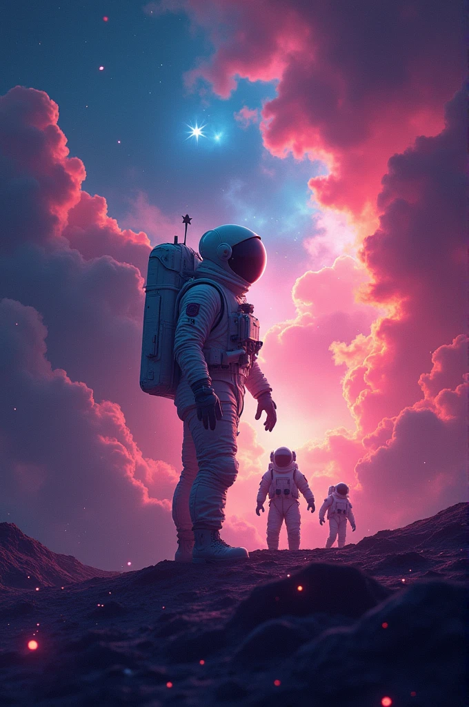 create image: Create a galaxy with the colors of the bisexual flag and that also contains astronauts and aliens