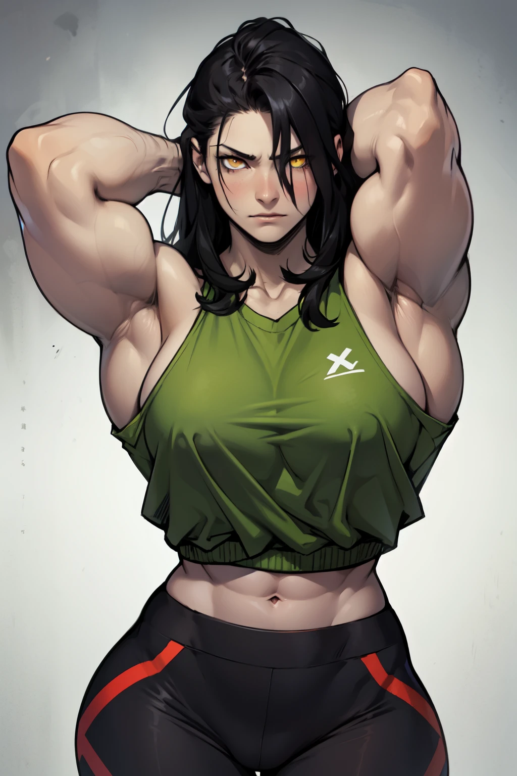 black hair yellow eyes pale skin muscular girl toned body large breasts embarrassed huge muscles serious look empty eyes