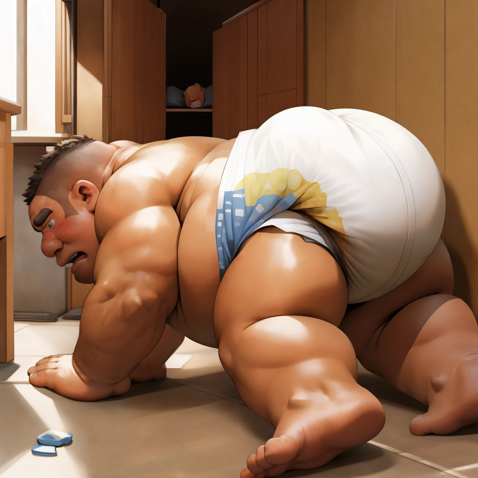 masterpiece, Top quality, in 32K, perfect anatomy, hyper detailed, super fine illustration, The thick man is a brutal retarded prisoner, hairy human, 50yo in Japan, (fatness: 1.0), Fatty muscle, Bowleg, disappointment, incontinent, shy, sissy, Weaker than children, Drool, Round face, be diaper check by children, waddle, There is a small puddle under him, incontinent, Bowleg, spread legs, wear a White cloth Diaper, Bare belly, Bare legs, Bare foots, Bare soles, Shirtless, wide forehead and short thinning hair, Man with round face with stubble, Bare foots, Bare soles, He enters nursery school and is despised by children, He surrounded by children, His bottom is wet, Bare foots, big butt, he is scolded by the children, White Diaper, He surrounded by children, sobbing, wear a White cloth Diaper, shirtless, There is a small puddle under him, He enters nursery school and is despised by children, big butt, sobbing, He crawling to go to children, on all fours, side view