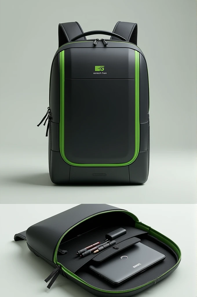 
Please, generates an image of a backpack called “EcoTech Pack”. The backpack is black with green edges.. on the front, It has a rectangular solar panel and a small logo that says “EcoTech Pack” in green.. It does not have side pockets, but it has a front pocket. The backpack includes a portable charger that is located on the outside., and inside it has several compartments:

	1.	A special laptop compartment.
	2.	A space for pencils.
	3.	Other compartments that make it spacious and functional.

Please, shows the backpack from two angles in a single image: an exterior view to show the solar panel, the green edges and the front pocket, and an interior view highlighting the laptop compartment, space for pencils and other details. Make sure the interior looks nice and well organized.