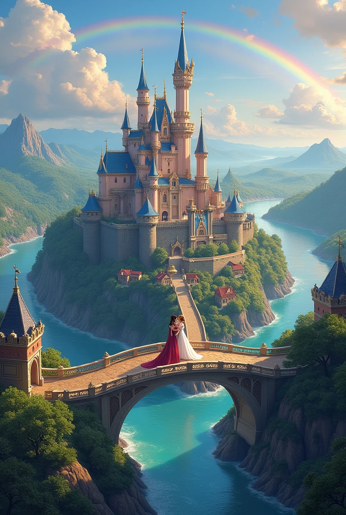 Castle with rivers around it and a bridge connecting the castle to a village. Vibrant colors and in the middle of the bridge a prince and princess couple kissing with a rainbow on the horizon.