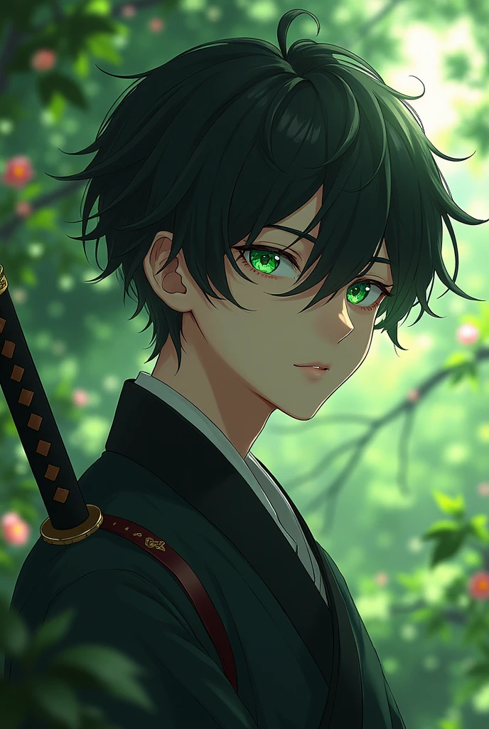 absurdres, highres, ultra detailed, HDR, master piece, best quality, black hair, expressive green eyes, solo, , cute, Jujutsu Kaisen, black kimono, extremely detailed face and eyes, village, green leaves, flowers, katana, anime boy
