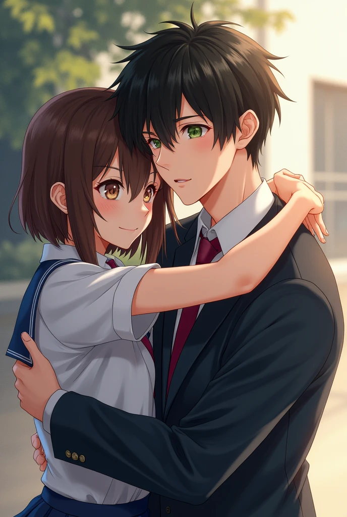 - a man and a girl, the girl hug him from behind with wrapping her arms around his neck ( she's smirking ) while the man looks like he wants to escape from her 
- both of them are wearing boarding school uniform
- the girl is brown hair and brown eyes while the man is black hair and green eyes
 