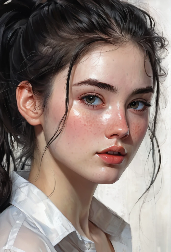 closeup of a Breathtaking hot school girl wearing a unbuttoned tight white shirt with long dynamic black hair in a messy ponytail , pale skin, perfect skin, black eyeliner , long eyelashes, soft skin, slight freckles, defined cheek bones, high cheek bones,  round face, cheery, blushing, magic mist, digital painting,  digital illustration,  extreme detail,  digital art,  4k,  ultra hd, Anna Dittmann, greg rutkowski, alyssa monks, hyperrealism, trending on artstation, by Egon Schiele, gustave dore, david mann, vintage photography,  beautiful,  tumblr aesthetic,  hd photography,  hyperrealism