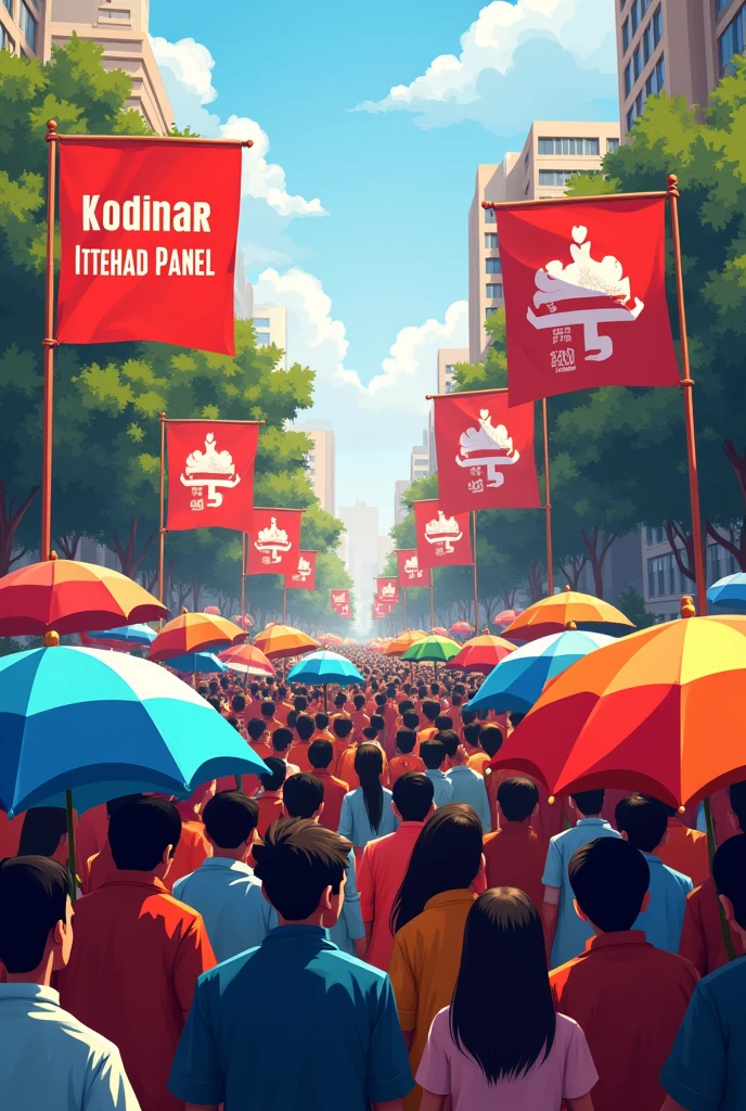 Kodinar ittehad panel written on banner with umbrella and another banner written our vision is our mission
